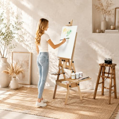 MEEDEN Painting Easel with Storage: H-Frame Beech Wood Art Easel for Adults, Artists, Students, Beginners - Adjustable 50"-80" H, Holds Canvas Up to 47 Inches - color: Natural