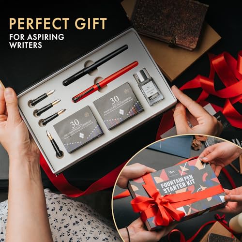 Wordsworth and Black Fountain Pen Set - Black - Includes 2 Pens, 18 ML Ink Bottle, 60 Ink Cartridges, A Refill Converter, 1 Medium and 4 Broad Nibs, Brush Pen - Fountain Pen Kit for Beginners - color: Red and Black
