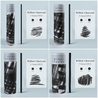 100PCS Willow Charcoal Sticks - Natural Willow Charcoal for Artists, Beginners, or Students of All Skill Levels - Perfect for Drawing and Sketching, Approx. 2-4mm, 4-5mm, 5-7mm, 7-9mm Dia - style: 2-4mm, 4-5mm, 5-7mm, 7-9mm