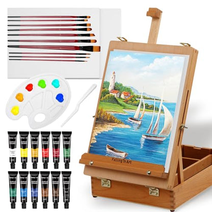 Falling in Art Beechwood Easel Box Set, 27 Pcs Tabletop Acrylic Paint Set, Portable Display Easel Stand with 12 Acrylic Paints, Canvas Panels and Brushes, Suitable for Beginners and Professionals - style: Tabletop Easel Set