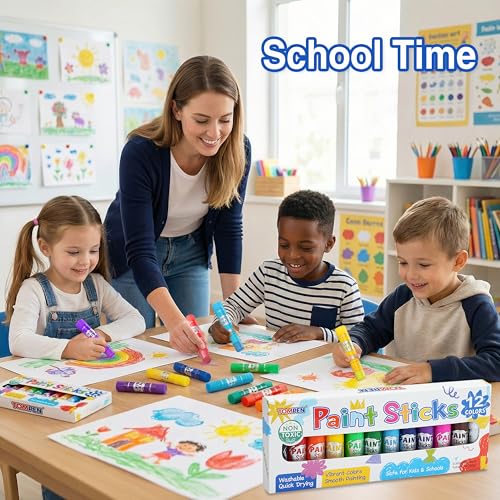Tempera Paint Sticks for Kids & Artists,144 Pack 12 Vibrant Color,Non-Toxic,Quick Drying,Classic Rainbow Colors,Washable Solid Paint Crayons,Ideal for School Classroom Art Projects & DIY Crafts