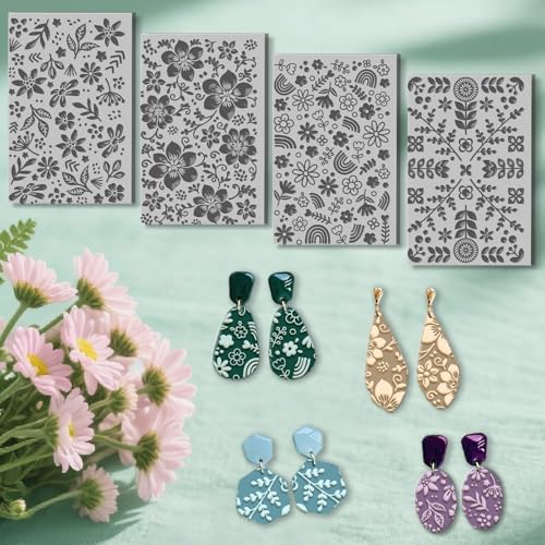 4 Sheets Bohemian Flower Clay Texture Mat Rainbow Polymer Clay Texture Sheets DIY Tools for Pottery Earring Jewelry Making Stamp Engraving Machines, 3.9x2.6inch - style: Rainbow