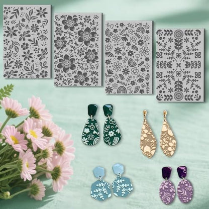 4 Sheets Bohemian Flower Clay Texture Mat Rainbow Polymer Clay Texture Sheets DIY Tools for Pottery Earring Jewelry Making Stamp Engraving Machines, 3.9x2.6inch - style: Rainbow