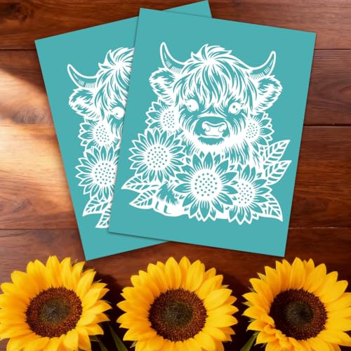 2 Pcs Highland Cow Silk Screen Stencil, Sunflower Self-Adhesive Reusable Silk Screen Printing Stencils Template for Painting on Wood, Fabric, Walls, Garden Decor & DIY Crafts - style: Sunflowers Cow