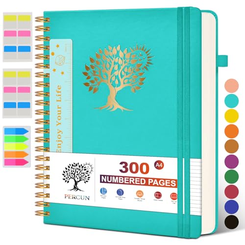 PERCUN Spiral Notebook 300 Numbered Lined Pages Hardcover Journal 8.5"x11" | College Ruled Spiral Bound Notebook with Tabs, A4 Large Leather Journal for Women Men, Work, School, Writing & Note Taking - color: Blue, size: A4 size (8.5in x 11.5in)