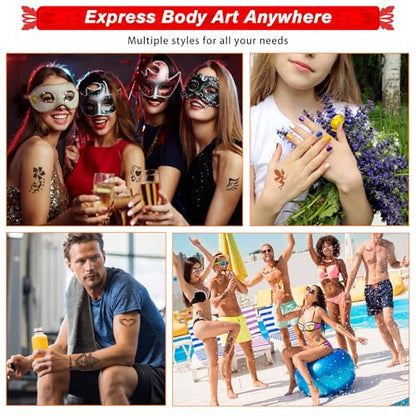 12 Sheets Temporary Tattoo Stencils Kit-Large 78 Pcs Tattoo Patterns-6 Pcs (Reddish-Brown/Black/Maroon) Ink with Paint Brush for DIY Body Art-Tattoos for Adults, Teens, Beginners，Family Fun & Parties - color: D-6Pcs