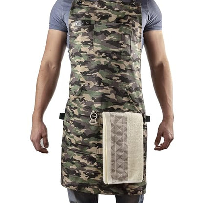 Asaya Chef and BBQ Apron with Bottle Opener and Hand Towel - 10oz Cotton Canvas, Stainless Steel Hardware - Cross Back Straps - color: Green Camo