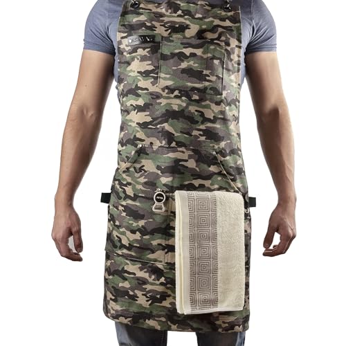 Asaya Chef and BBQ Apron with Bottle Opener and Hand Towel - 10oz Cotton Canvas, Stainless Steel Hardware - Cross Back Straps - color: Green Camo