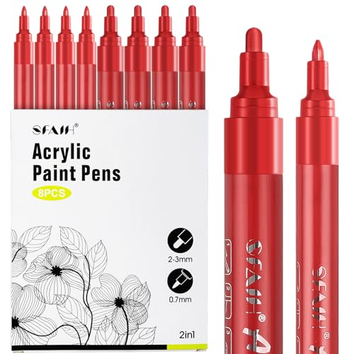 SFAIH Acrylic Red Paint Pens - 8 Pack 2-3MM Medium Tip & 0.7MM Extra Fine White Paint Marker for Rock Painting, Wood, Metal, Fabric, Canvas, Glass, Ceramic, Diy Crafts - color: Red