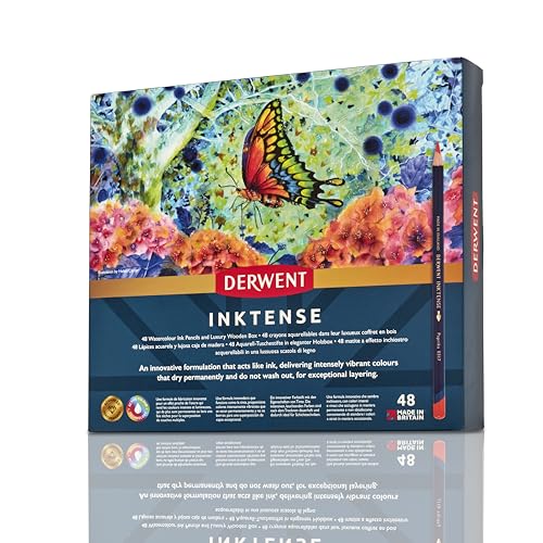Derwent Inktense Pencils 48 Wooden Box, Set of 48, Premium 4mm Round Core, Firm, Watersoluble, Ideal for Watercolor, Drawing, Coloring and Painting on Paper and Fabric, Professional Quality (2300151) - size: 48 Count (Pack of 1)