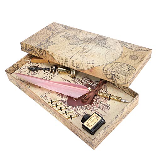 Quill Pen Set with Real Feathers, Dip Pen for Calligraphy Writing, Vintage Antique Ink Pen Set with 6 Nibs, Wax Seal Stamp and Pen Holder for Students Teachers Gift (Deep Pink) - color: Deep Pink