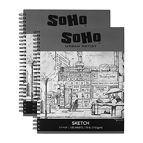 Soho Urban Artist 2 Pack 11x14 Sketchpad, 100 Sheets of Spiral Bound Sketch Book Paper (75lb/110gsm) for Artist Pro & Amateurs, Colored Pencil, Charcoal and Graphite for Sketching - size: 11x14 - Pack of 2