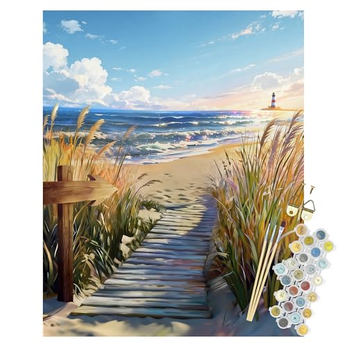 Npcswxq Beach Paint By Numbers Kit for Adults Beginners, Beachside Reed Lighthouse Adult Paint by Number on Canvas,Ocean DIY Acrylic Number Artist Paint Kit for Home Wall Decor Holiday Gifts 16x20Inch - color: SZH2601