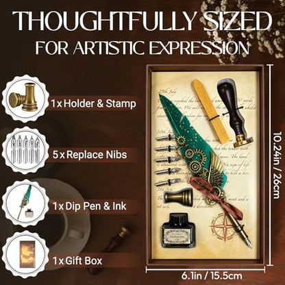 Joyeee Green Quill Pen and Ink Set, including Punk Mechanical Style Feather Pen, Black Ink, Pen Holder, Gift Box, Fancy Writing Pen Calligraphy Kit for Writing Lovers to Creative Hand Lettering - color: Green Feather Pen Set