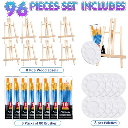 AROIC 96 PCS Painting Supplies Set with Easels, 8 PCS Wood Easels, 8 Packs of 80 Brushes with Nylon Brush Head and 8 PCS Palettes, Tabletop Wooden Art Easel for Kids & Adults Sip and Paint Party - style: 96Pcs(8 Sets)