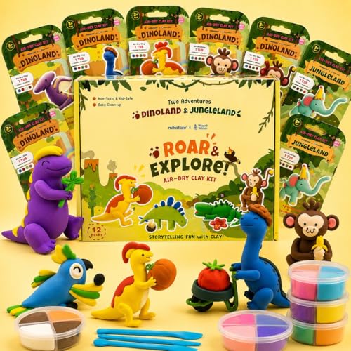 Air Dry Clay for Kids - 12 Dinosaur & Jungle Designs Modeling Clay Kit - Model Sculpting Set, Ultra Soft Safe & Non-Sticky | DIY Crafts, School Projects & Party Favors for Boys & Girls