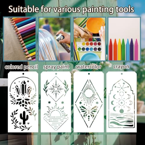 12 Sheets Arched Boho Painting Stencils, 12 Styles Mountain Moon Sun Leaf Landscape Drawing Templates Arched Wall Art Templates for Painting on Wall Wood Home Decor - style: Arched Boho Element