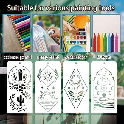 12 Sheets Arched Boho Painting Stencils, 12 Styles Mountain Moon Sun Leaf Landscape Drawing Templates Arched Wall Art Templates for Painting on Wall Wood Home Decor - style: Arched Boho Element