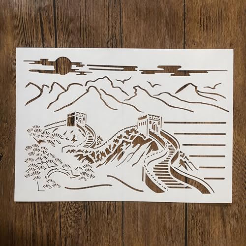 TIAMECH A4 Reusable Chinese Great Wall Landscape Stencil for Painting | Oriental Mountain Layering Template, DIY Wall Art, Wood Furniture, Scrapbook & Crafts (8.3x11.7inch) - style: Chinese Great Wall Landscape