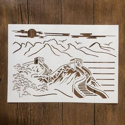 TIAMECH A4 Reusable Chinese Great Wall Landscape Stencil for Painting | Oriental Mountain Layering Template, DIY Wall Art, Wood Furniture, Scrapbook & Crafts (8.3x11.7inch) - style: Chinese Great Wall Landscape