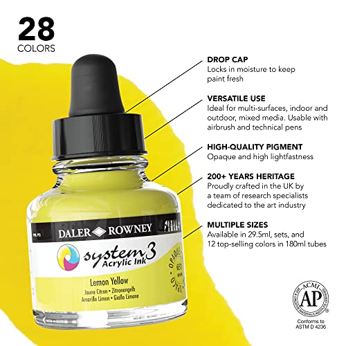 Daler-Rowney System3 Acrylic Ink Bottle Lemon Yellow 29.5ml - Versatile Acrylic Ink for Artists and Students - Opaque Calligraphy Ink for Drawing Illustrating Airbrushing Dip Pen Ink and More
