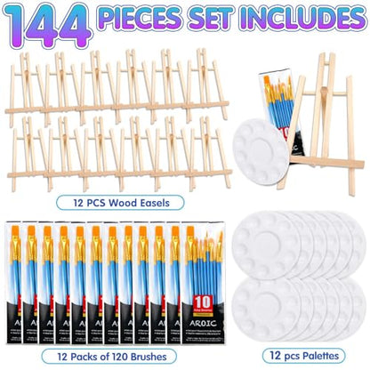 144 PCS Professional Painting Set, 12 PCS Wood Easels,12 Packs of 120 Brushes with Nylon Brush Head and 12 PCS Palettes, Painting Supplies kit for Kids & Adults Party. - style: 144Pcs(12 Sets)