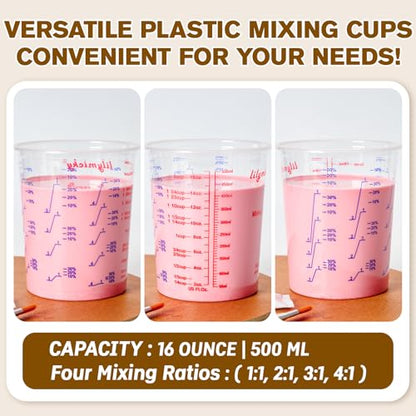 Lilymicky 16 oz Plastic Mixing Cups, 50 Pack 16 oz (500ml) Disposable Measuring Cups with 50 Wooden Mixing Sticks, Can Be Used for Epoxy Resin, Liquid Measuring, Paint, Cooking and Baking