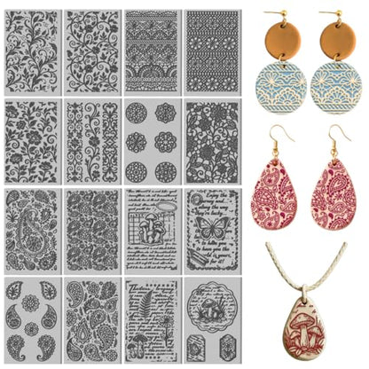16 Sheets 16 Styles Lace Flowers Polymer Clay Texture Mat Paisley Patterns Clay Modeling Pattern Pad Vintage Vines Texture Sheets for Making Earrings Jewerly Tools, 4×2.6 inch - style: Lace Flowers