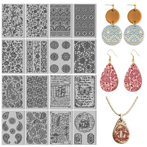 16 Sheets 16 Styles Lace Flowers Polymer Clay Texture Mat Paisley Patterns Clay Modeling Pattern Pad Vintage Vines Texture Sheets for Making Earrings Jewerly Tools, 4×2.6 inch - style: Lace Flowers