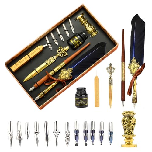 Joyeee Feather Calligraphy Pen and Ink Set, with Wax Seal Stamp Kit, Sealing Wax Spoon, Writing Paper, Dip Pen Wood, Craft Decoration Pen, Feather Pen Holder Stand, Gift Box for Writing, Royal Blue - color: #108 Royal blue