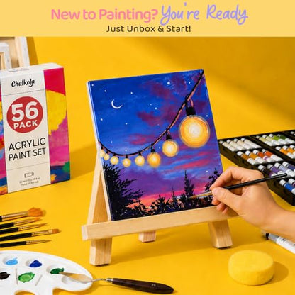Chalkola Acrylic Paint Set for Adults & Kids - 56 Pcs Canvas Painting Kit with 32 Paints (22ml), 10 Brushes, 10 Canvases, Tabletop Easel, Palette, Knife - Professional Craft & Art Painting Supplies - size: 56 Pcs Acrylic Set