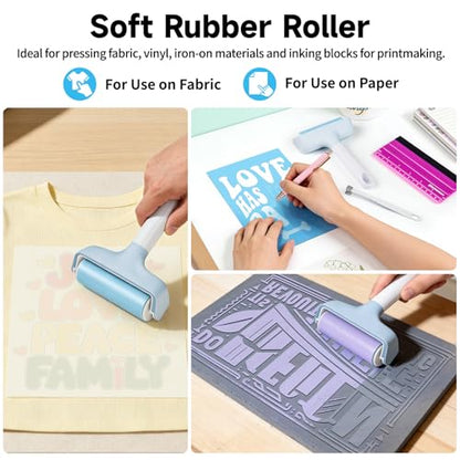 TECKWRAP Brayer Roller for Crafting, 4 PCS Rubber Roller Tool Set with Felt Squeegee, Flat Tweezers & Pin Pen for Iron-On, Inkjet Vinyl Stickers, Relief Printing, Printmaking, Stamping & Scrapbooking - color: Blue 4 set