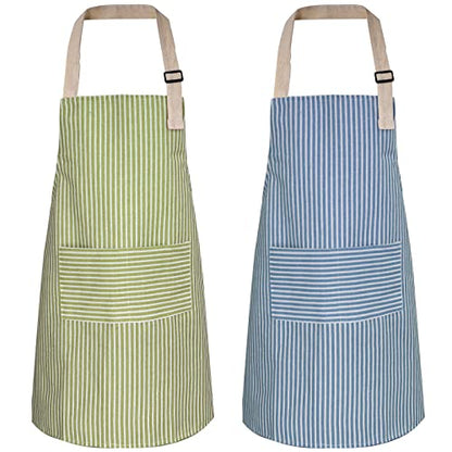 ATROPOS 2 Pack Aprons for Women with Pockets,Waterproof Cooking Aprons for Women,Adjustable Bib Apron Chef Aprons Painting Apron for Kitchen,Cooking,Baking,BBQ,Cleaning,Painting - color: Green /Blue Stripes