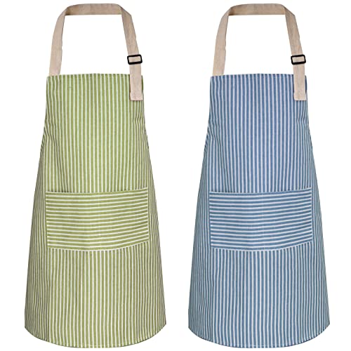 ATROPOS 2 Pack Aprons for Women with Pockets,Waterproof Cooking Aprons for Women,Adjustable Bib Apron Chef Aprons Painting Apron for Kitchen,Cooking,Baking,BBQ,Cleaning,Painting - color: Green /Blue Stripes