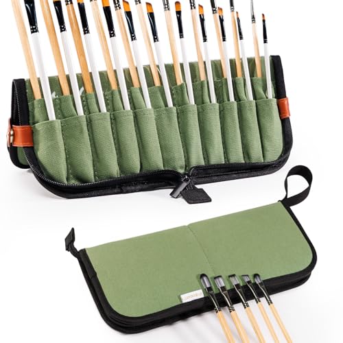 Stand Up Canvas Paint Brush Holder Case for Artists, 22 Slots Brush Organizer with Pop-Up Stand, Zippered Travel Paint Brush Storage Bag for Acrylic Oil Watercolor Brushes, Portable Paintbrush Case - color: Green, size: Medium 6*11"