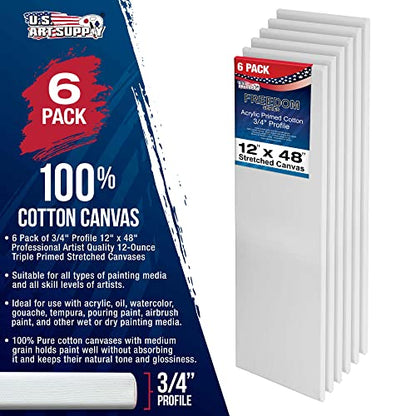 U.S. Art Supply 12 x 48 inch Stretched Canvas for Painting, 12oz Triple Primed, 6-Pack - Professional Artist Quality White Blank 3/4" Profile, 100% Cotton, Heavy-Weight Gesso - Acrylic Pouring, Oil - size: 12" x 48"