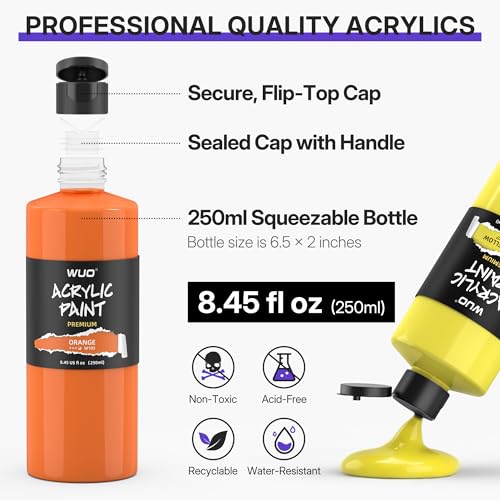 WUO 18 Colors Acrylic Paint Set, 250ml/8.45oz Bottles Acrylic Paint, Professional Large Bulk Rich Pigment, Non-Toxic Multi-Surface Art Supplies for Artists Beginners Adults on Canvas Wood Rock Crafts - color: 18 Colors