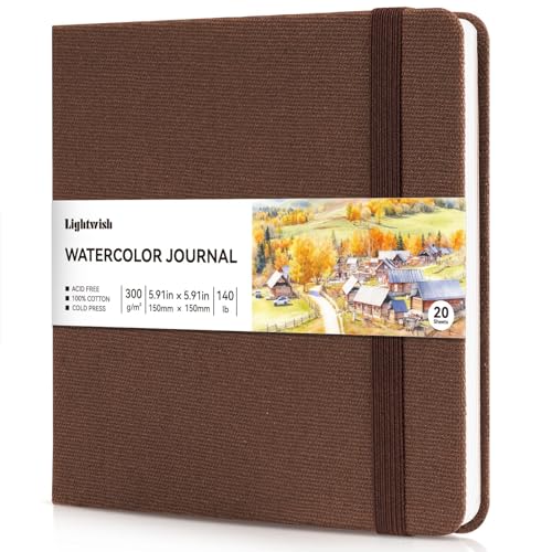 Watercolor Journal - 100% Cotton Cold Press Paper | 20 Sheets 40 Pages | 300GSM (140lb) | Linen Cotton Cover Watercolor Sketch Books for Artists Painting,Mixed Media 5.91 x5.91 in - color: Brown, size: 5.9 x 5.9 in