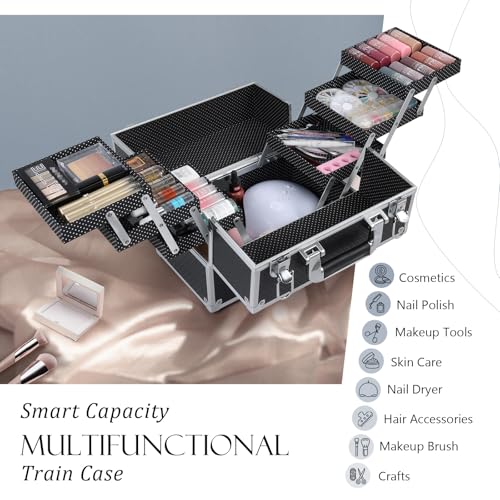 FRENESSA Makeup Train Case Makeup Case 11.8 Inch Large Cosmetic Box Organizer Travel Storage Professional Make Up Train Carrying Case with 6 Trays Locking Hard Vanity Storage Black - color: Black
