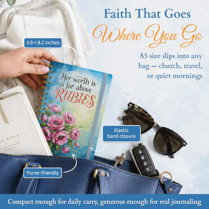Hardcover Blank Spiral Christian Notebook – 140 Quality Pages | Lined Pages with Bible Verse Cover – Inspirational Writing Notebook for Bible Study, “Her Worth Is Far Above Rubies" - color: Rubies