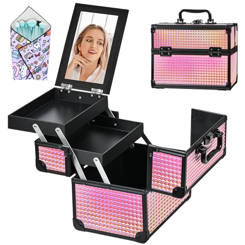 Makeup Case Organizer,Makeup Train Case, Trays Cosmetic Box Portable, Profesional for Salon Barber,Black Bright Pink - color: Black Bright Pink