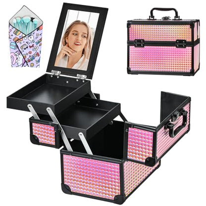 Makeup Case Organizer,Makeup Train Case, Trays Cosmetic Box Portable, Profesional for Salon Barber,Black Bright Pink - color: Black Bright Pink