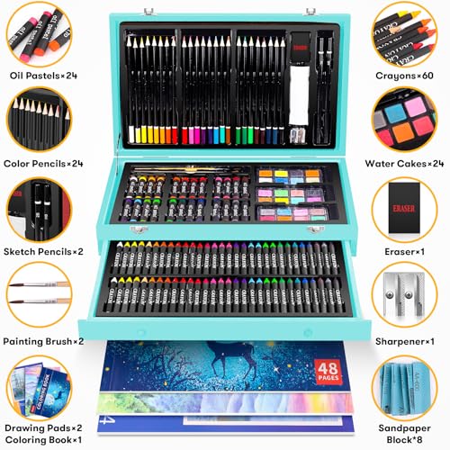 iBayam Art Supplies, 150-Pack Deluxe Wooden Art Set Crafts Drawing Painting Kit with 1 Coloring Book, 2 Sketch Pads, Creative Gift Box for Adults Artist Beginners Kids Girls Boys - color: Teal