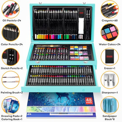 iBayam Art Supplies, 150-Pack Deluxe Wooden Art Set Crafts Drawing Painting Kit with 1 Coloring Book, 2 Sketch Pads, Creative Gift Box for Adults Artist Beginners Kids Girls Boys - color: Teal