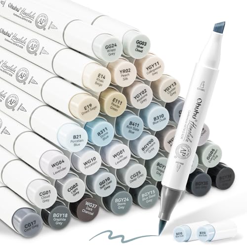 Ohuhu Alcohol Markers Brush Tip Grey-tone-Dual Tips Alcohol Based Art Marker Set for Artist Adults' Coloring Illustration Shading-36 Grayscale Colors w/ 1 Blender-Fine&Brush-Honolulu B (Chisel&Brush)