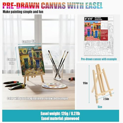 4 Pack Painting Set for Couples or Family Groups, 124 PCS Paint Set with 4 Table Easels,48 Acrylic Paints,12 Pre-Drawn & Blank Canvases for Painting,48 Brushes,4 Pencils,4 Palettes and Painting Guides