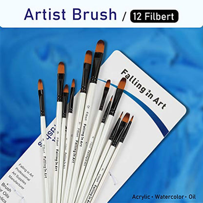 Falling in Art Paint Brushes Set, 12 PCS Nylon Professional Filbert Paint Brushes for Watercolor, Oil Painting, Acrylic, Face Body Nail Art, Crafts, Rock Painting - size: 12 Pcs Filbert Nylon