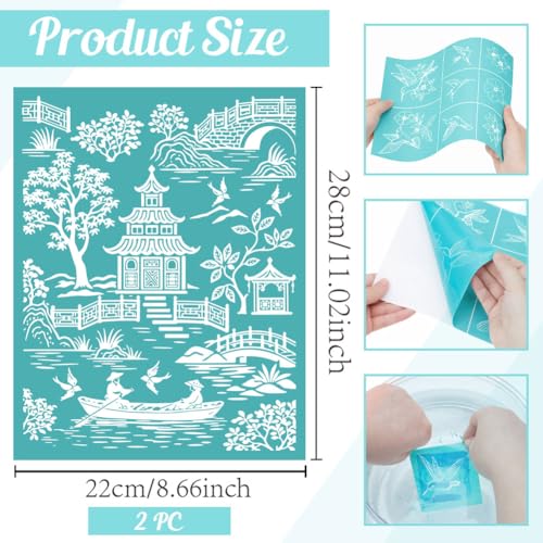 2 Sheets Chinoiserie Silk Screen Stencil, Chinese Garden Pagoda Self-Adhesive Silk Screen Printing Stencils Reusable Mesh Stencil for Painting on Wall, Wood, T-Shirt, Home Craft Decor - style: Chinese landscape