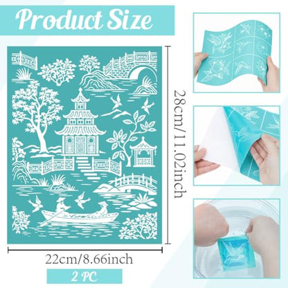 2 Sheets Chinoiserie Silk Screen Stencil, Chinese Garden Pagoda Self-Adhesive Silk Screen Printing Stencils Reusable Mesh Stencil for Painting on Wall, Wood, T-Shirt, Home Craft Decor - style: Chinese landscape