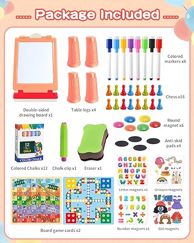 Elovien Foldable Art Easel for Kids, Double Sided with Chalkboard & Magnetic Dry Erase Board, Height Adjustable Desktop Easel, Educational Gift for Girls (Pink) - color: Pink
